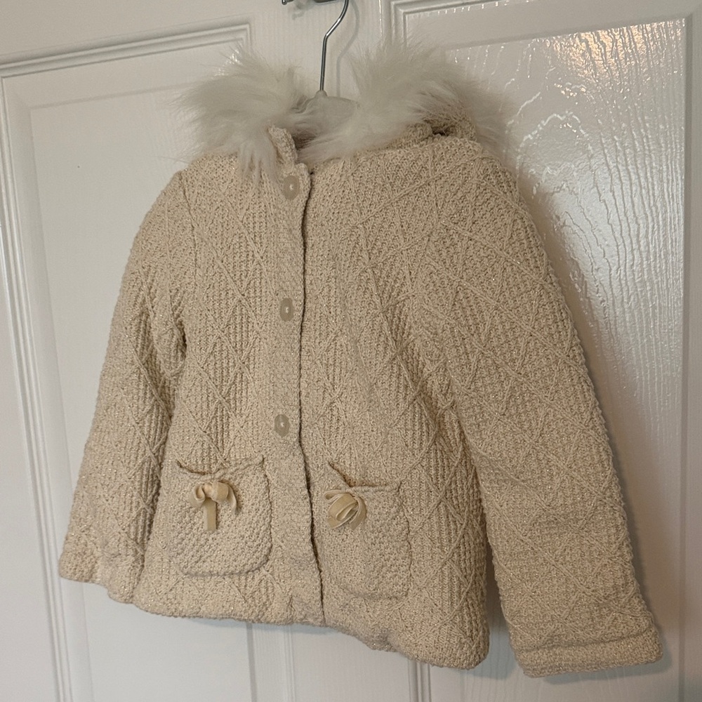 Max Studio Cream Quilted Hooded Puffer Coat with Faux Fur Trim